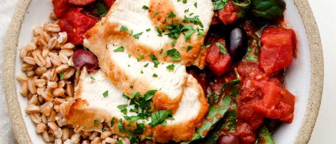 Olives, Tomatoes, Chicken, and Farro Thumbnail